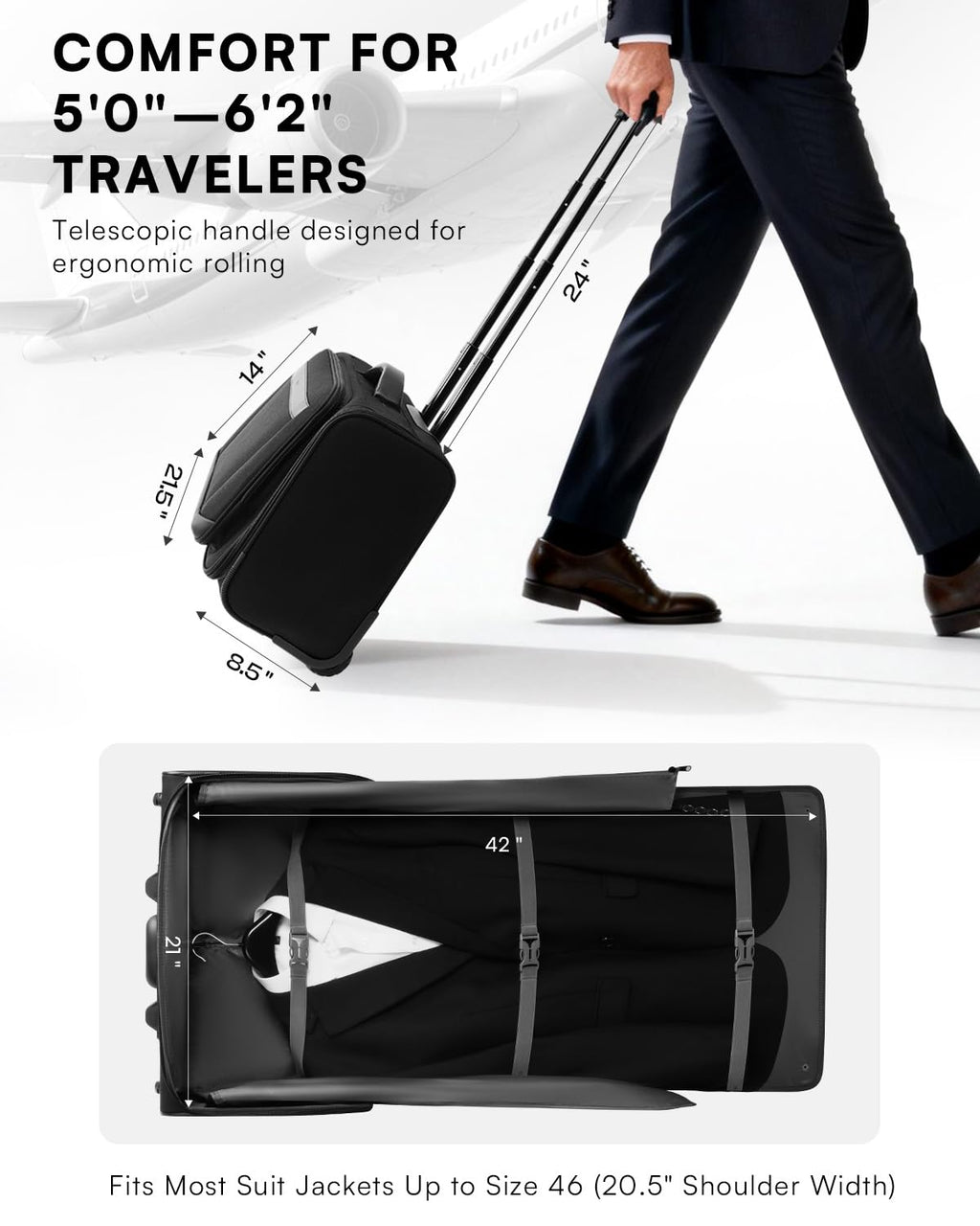 Rolling Garment Bag with Laptop Compartment – Black