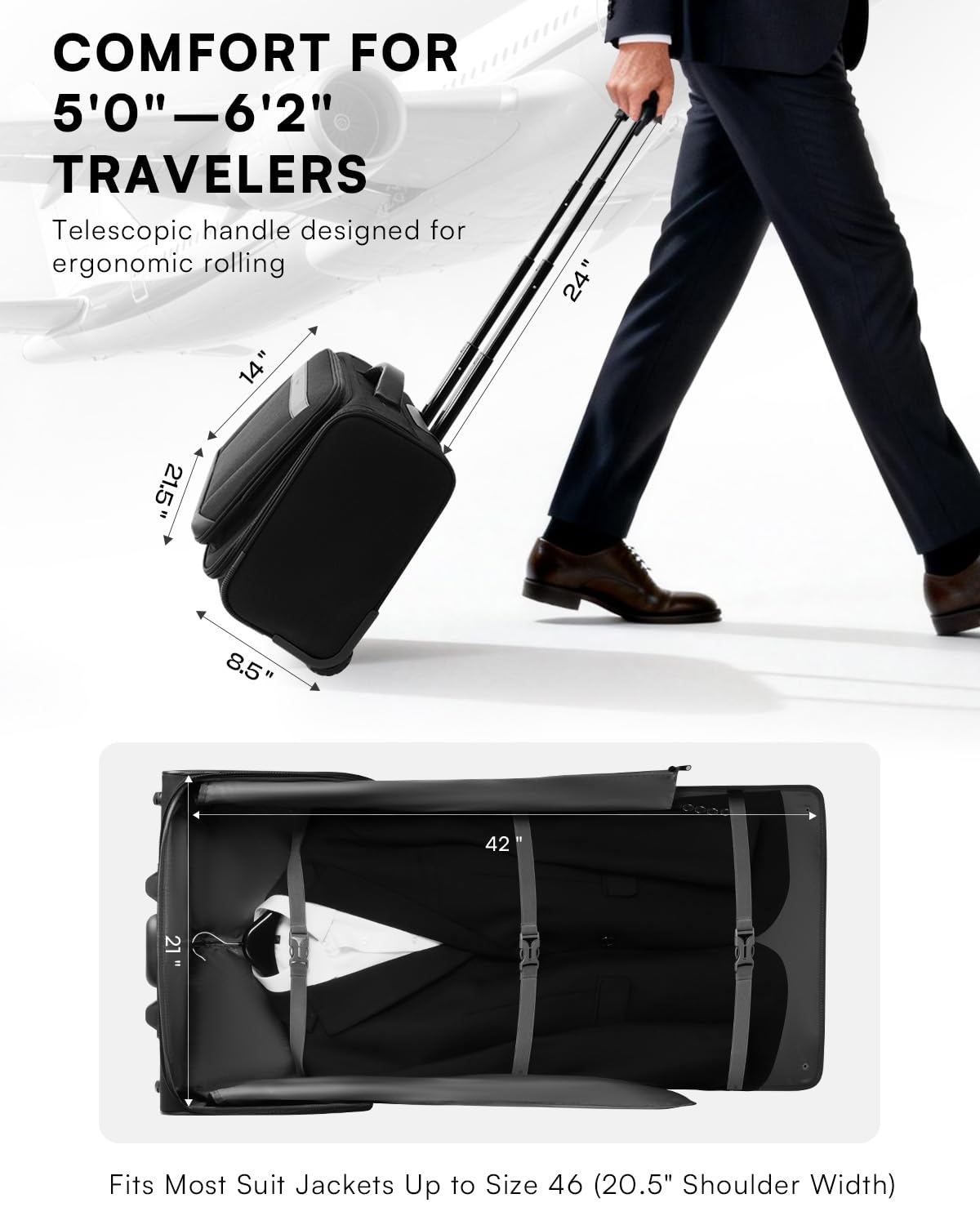 Rolling Garment Bag with Laptop Compartment – Black