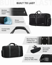 100L Foldable Travel Duffle Bag with Shoe Compartment – Black