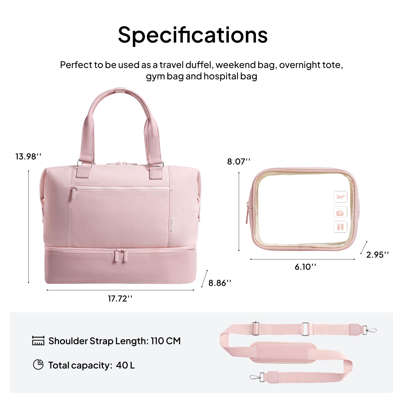 40L Travel Duffle Bag with Shoe Compartment – Pink