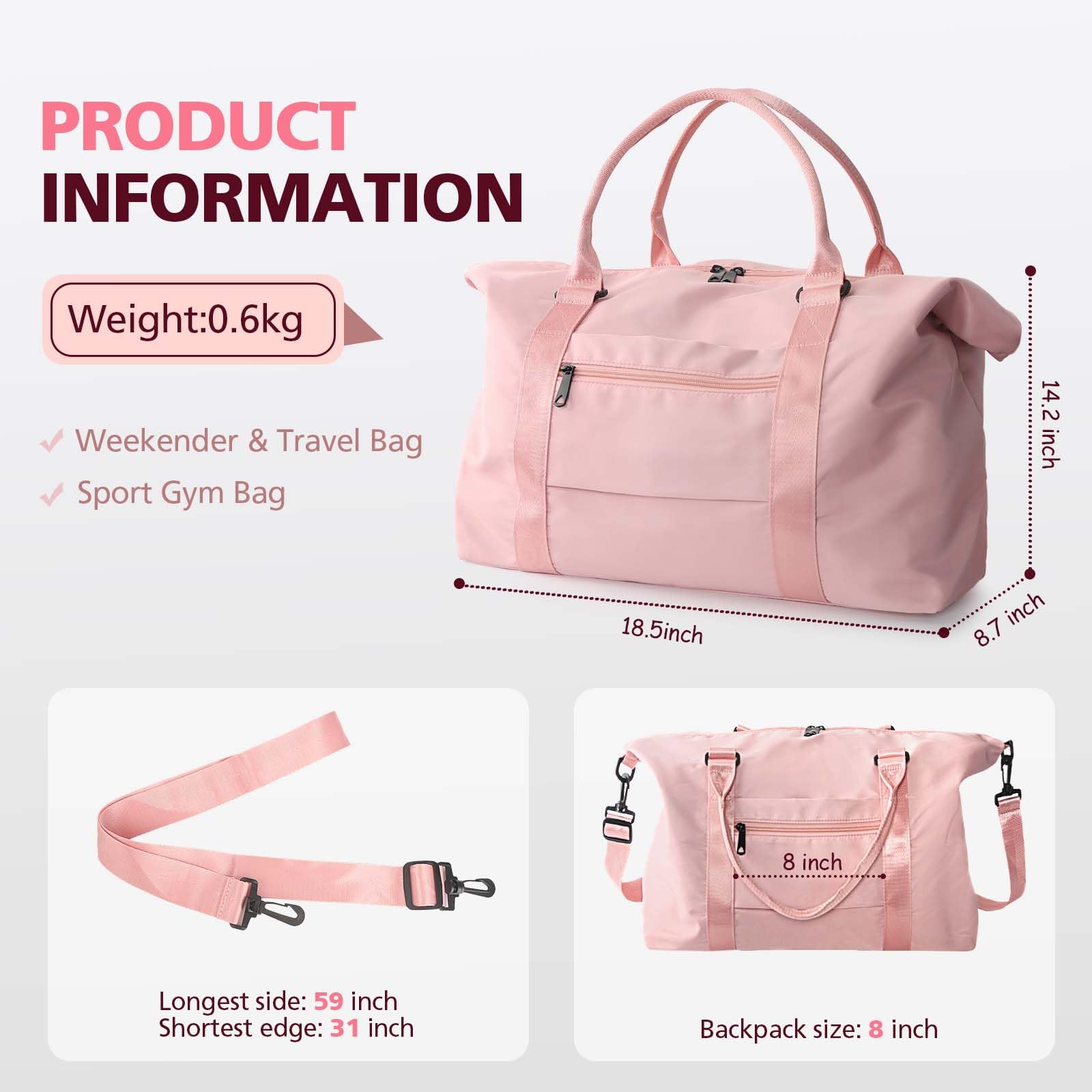 Waterproof Weekender Travel Duffle Bag – Coral Pink