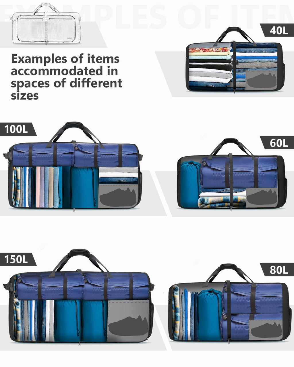 100L Foldable Travel Duffle Bag with Shoe Compartment – Black