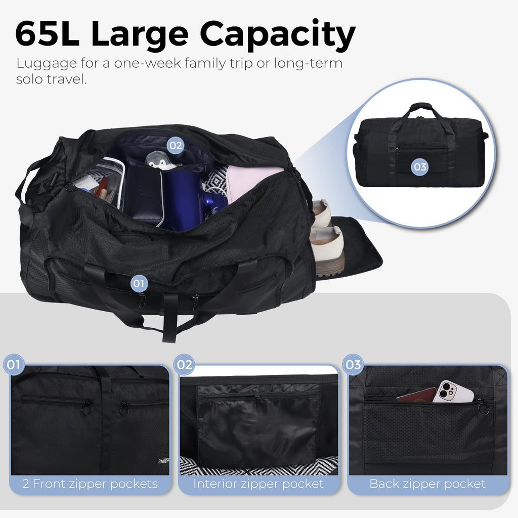 65L Foldable Travel Duffle Bag – Black