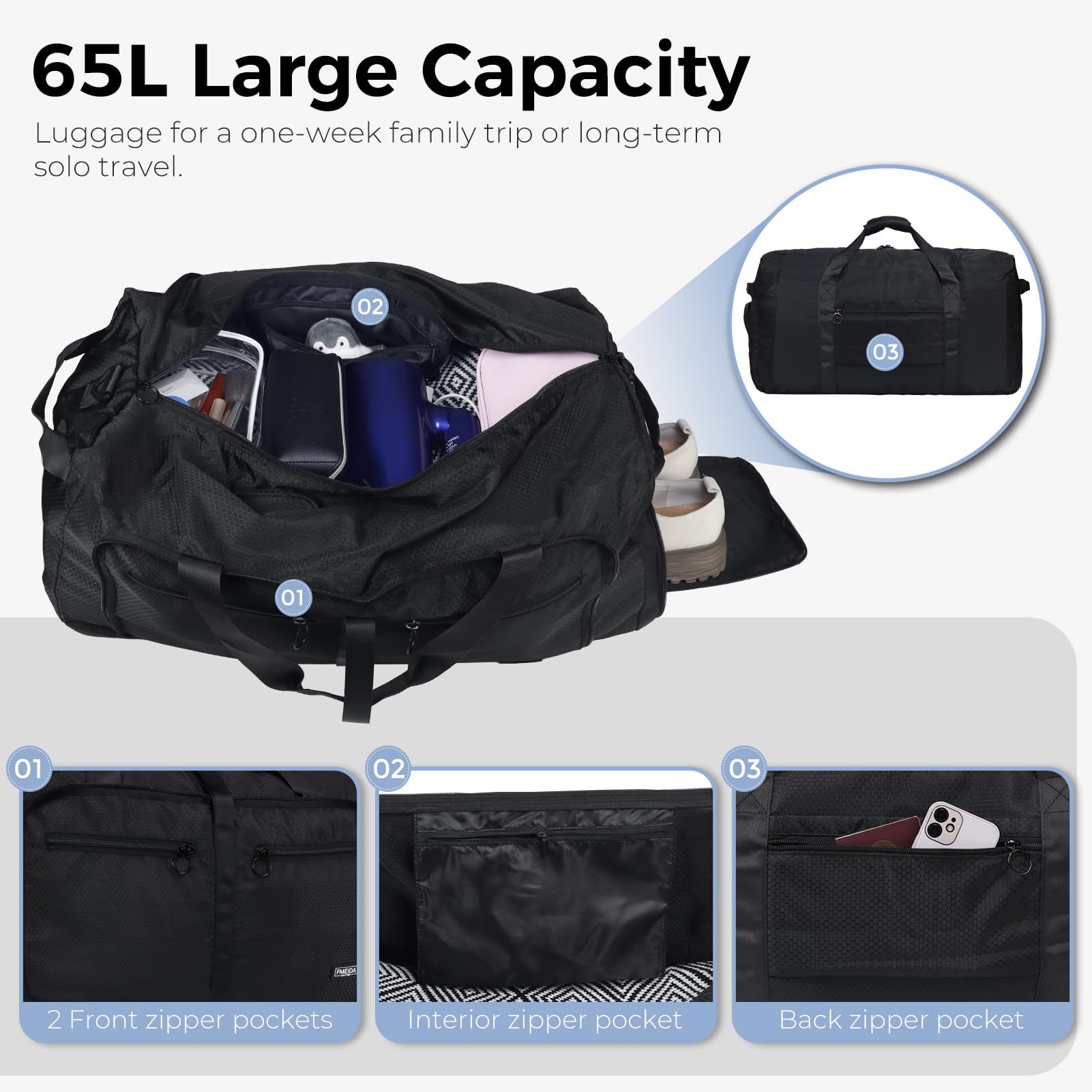 65L Foldable Travel Duffle Bag – Black