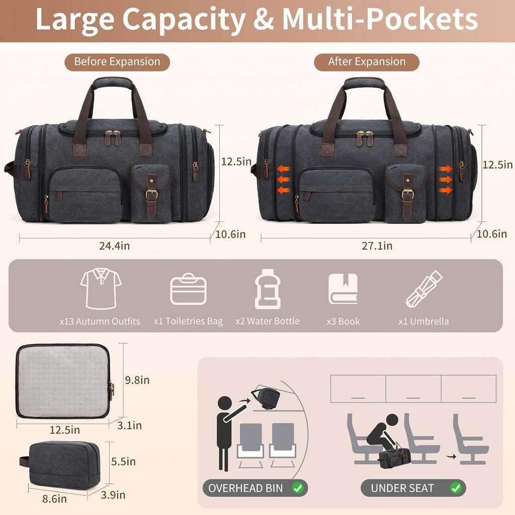 60L Expandable Canvas Travel Duffle Bag – Dark Gray