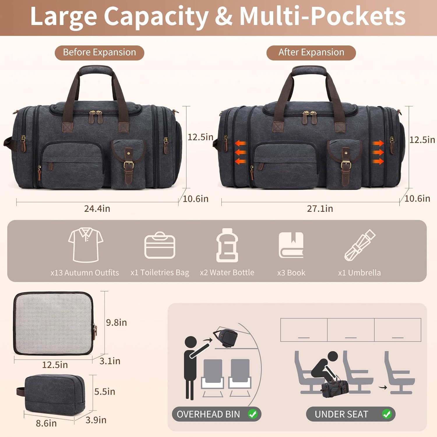 60L Expandable Canvas Travel Duffle Bag – Dark Gray