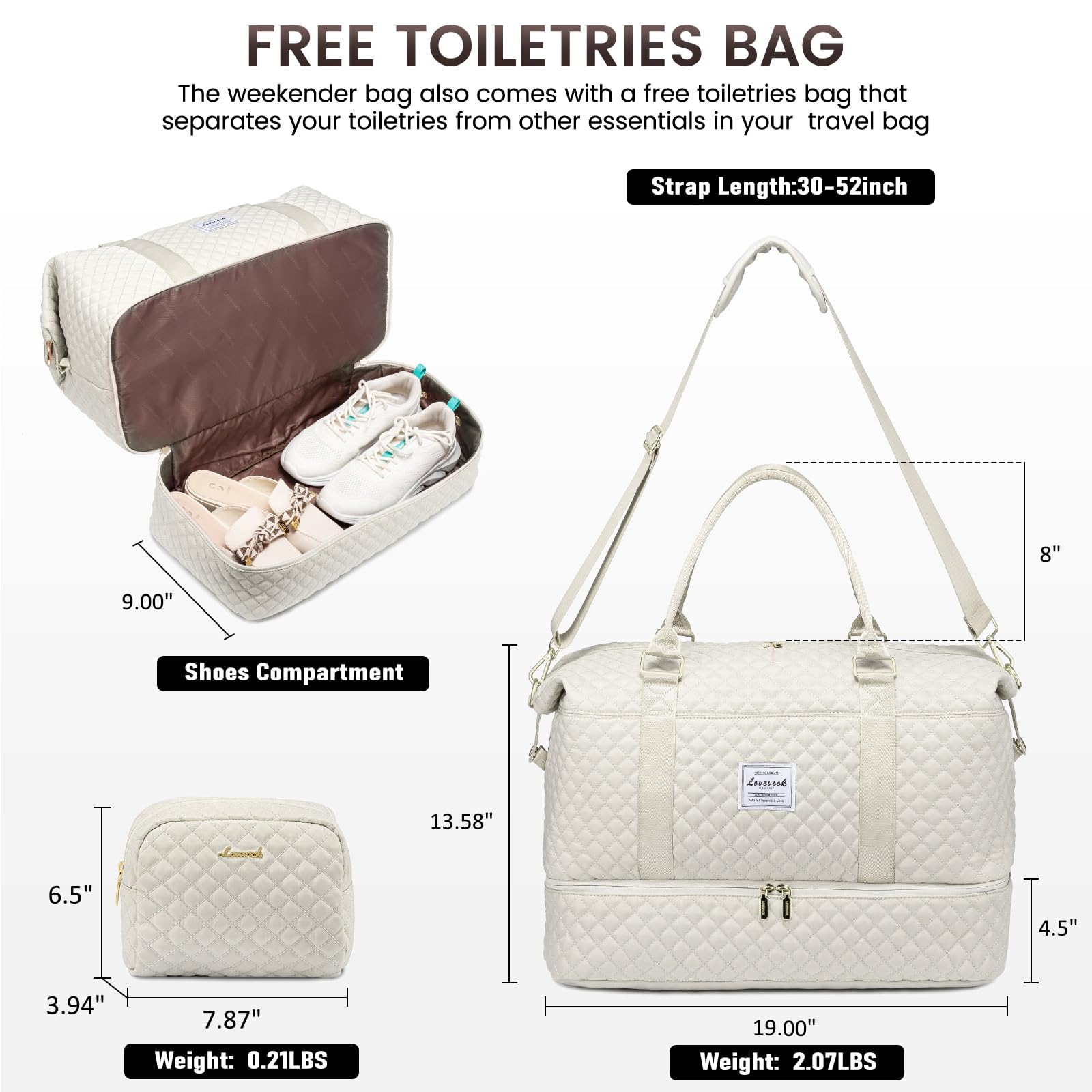 Weekender Travel Duffle Bag with Shoe Compartment – Beige