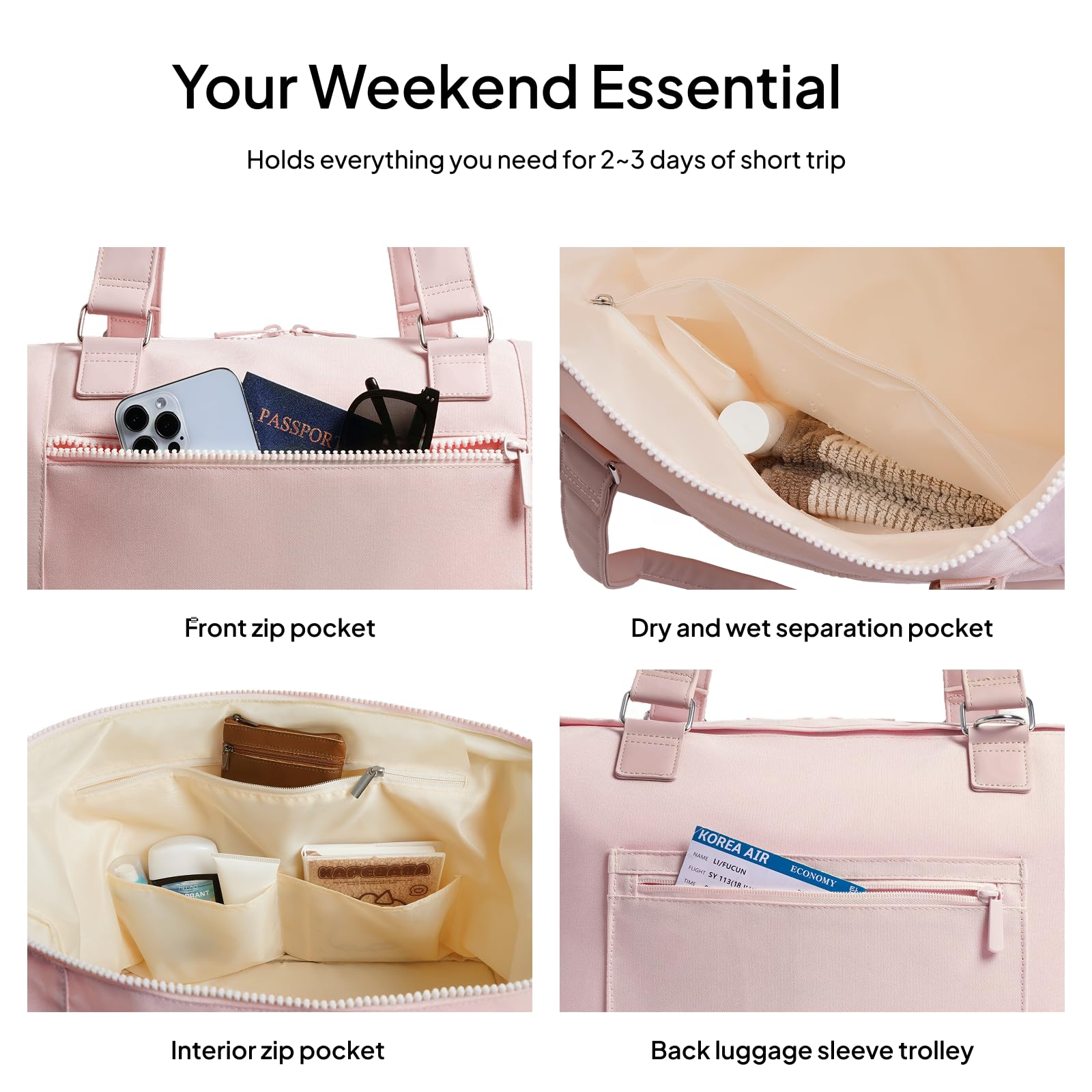 40L Travel Duffle Bag with Shoe Compartment – Pink