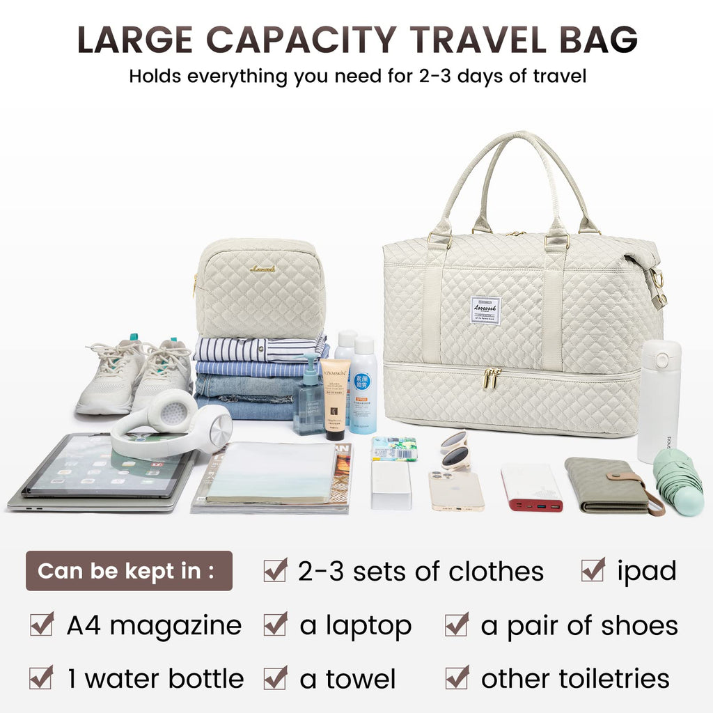 Weekender Travel Duffle Bag with Shoe Compartment – Beige