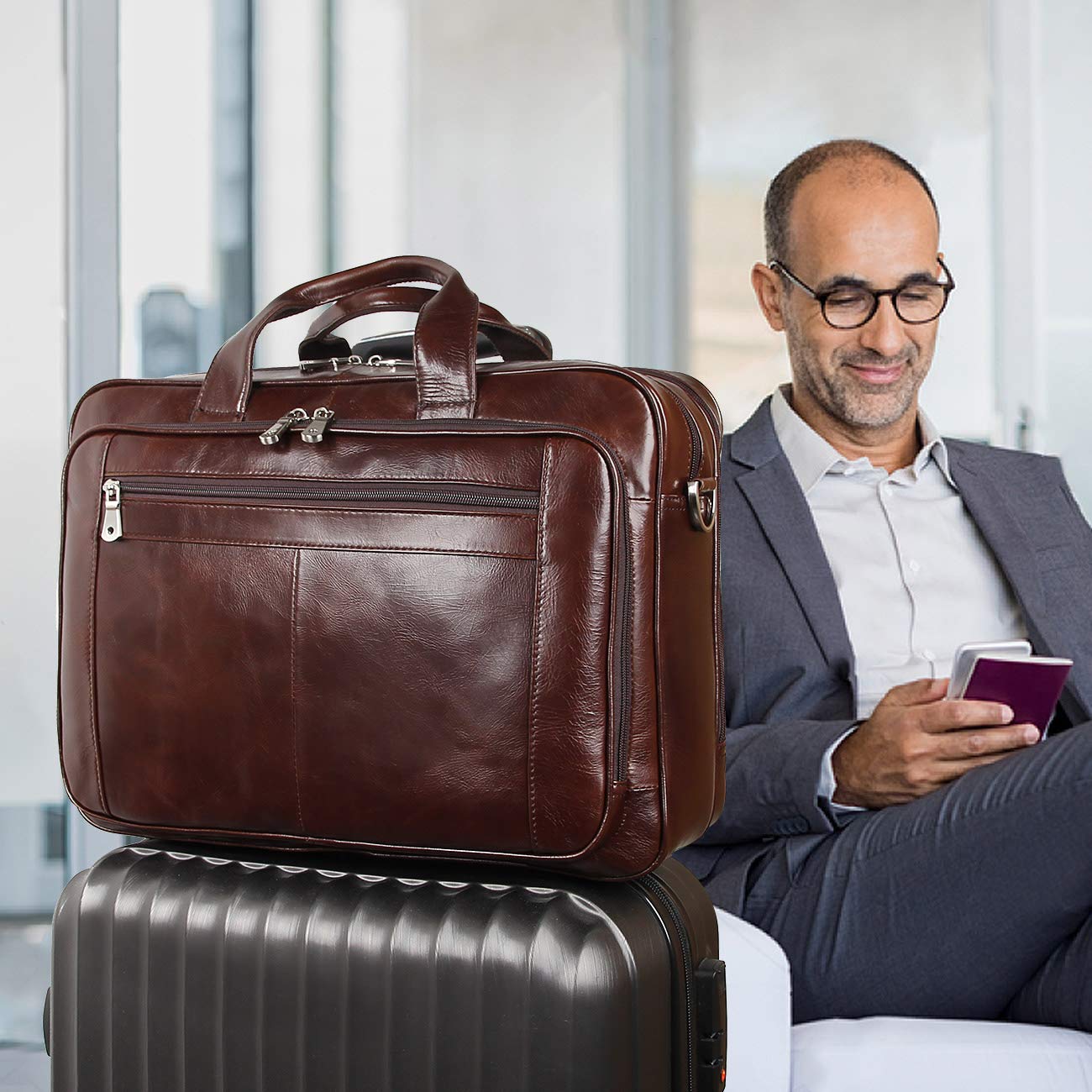 15.6" Leather Laptop Briefcase – Coffee Brown