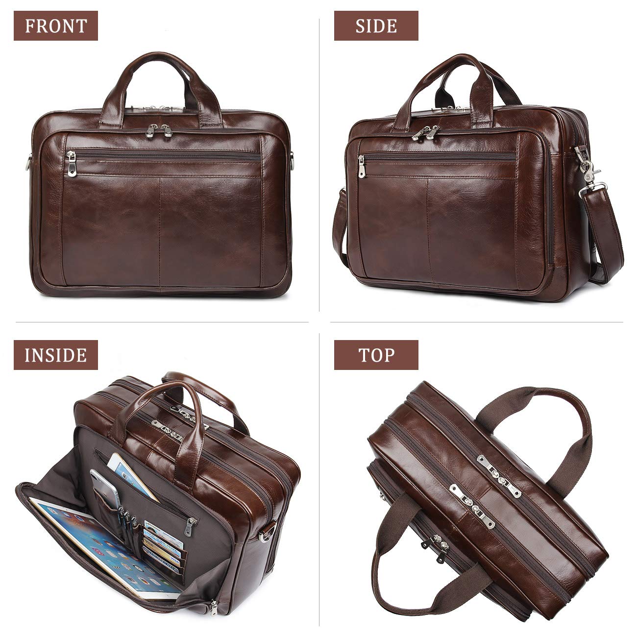 15.6" Leather Laptop Briefcase – Coffee Brown