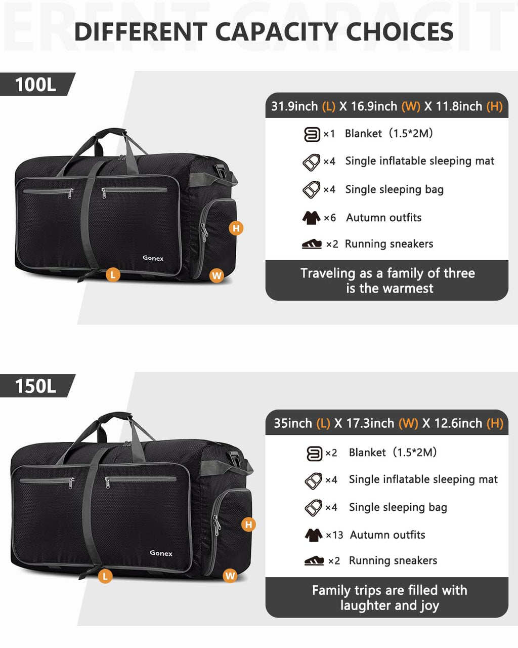 100L Foldable Travel Duffle Bag with Shoe Compartment – Black