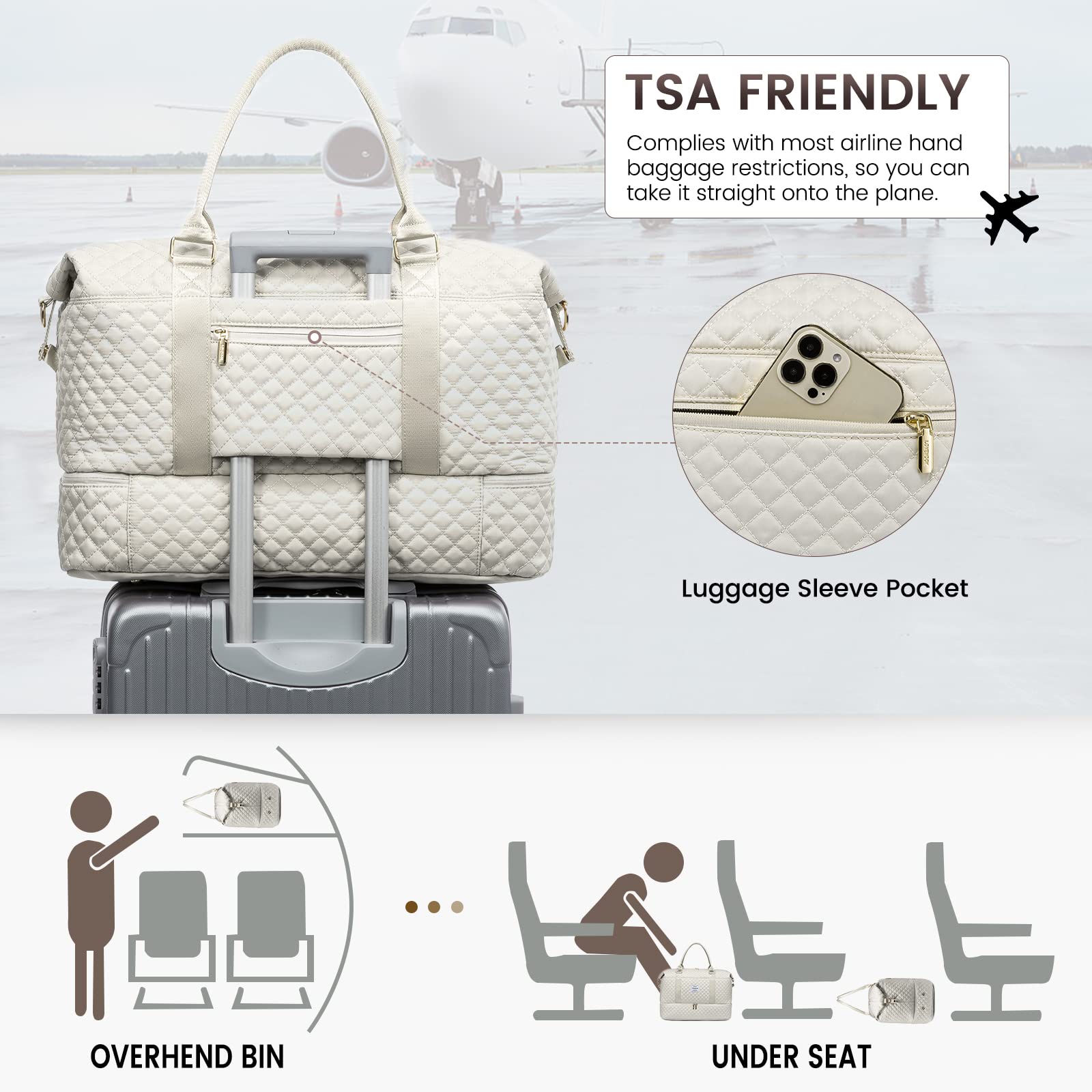 Weekender Travel Duffle Bag with Shoe Compartment – Beige