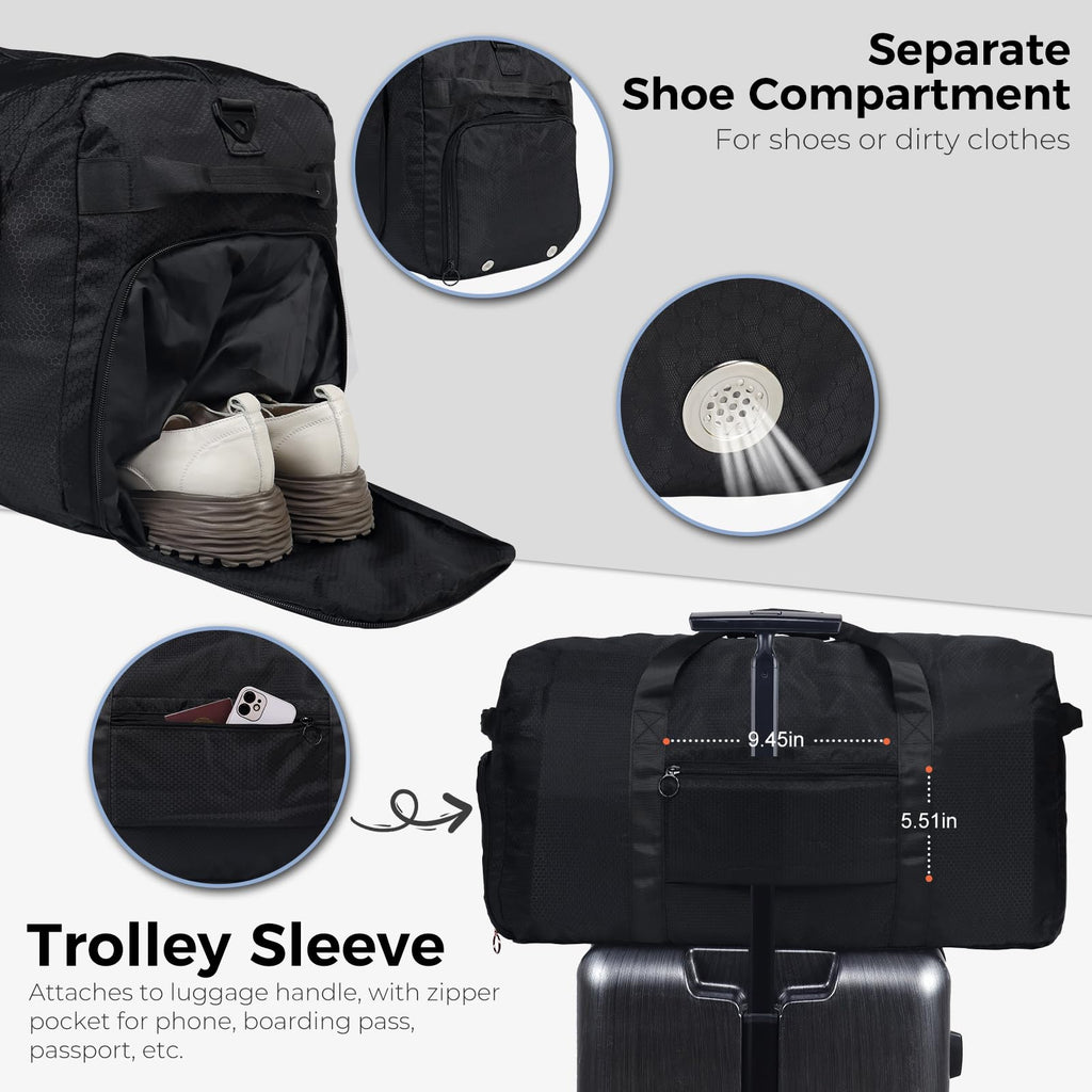 65L Foldable Travel Duffle Bag – Black