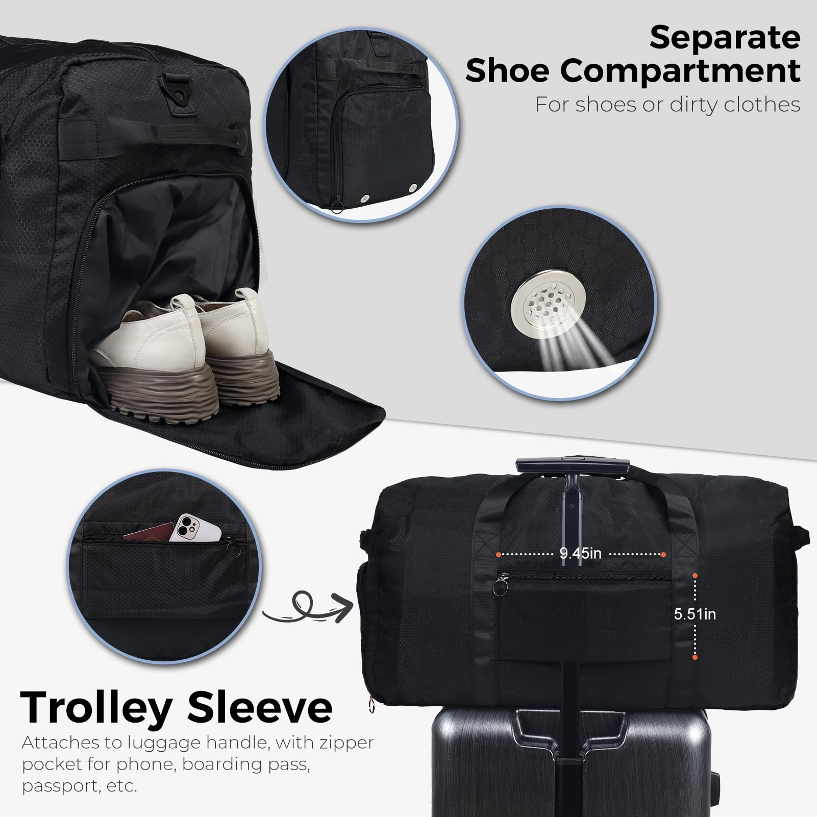 65L Foldable Travel Duffle Bag – Black