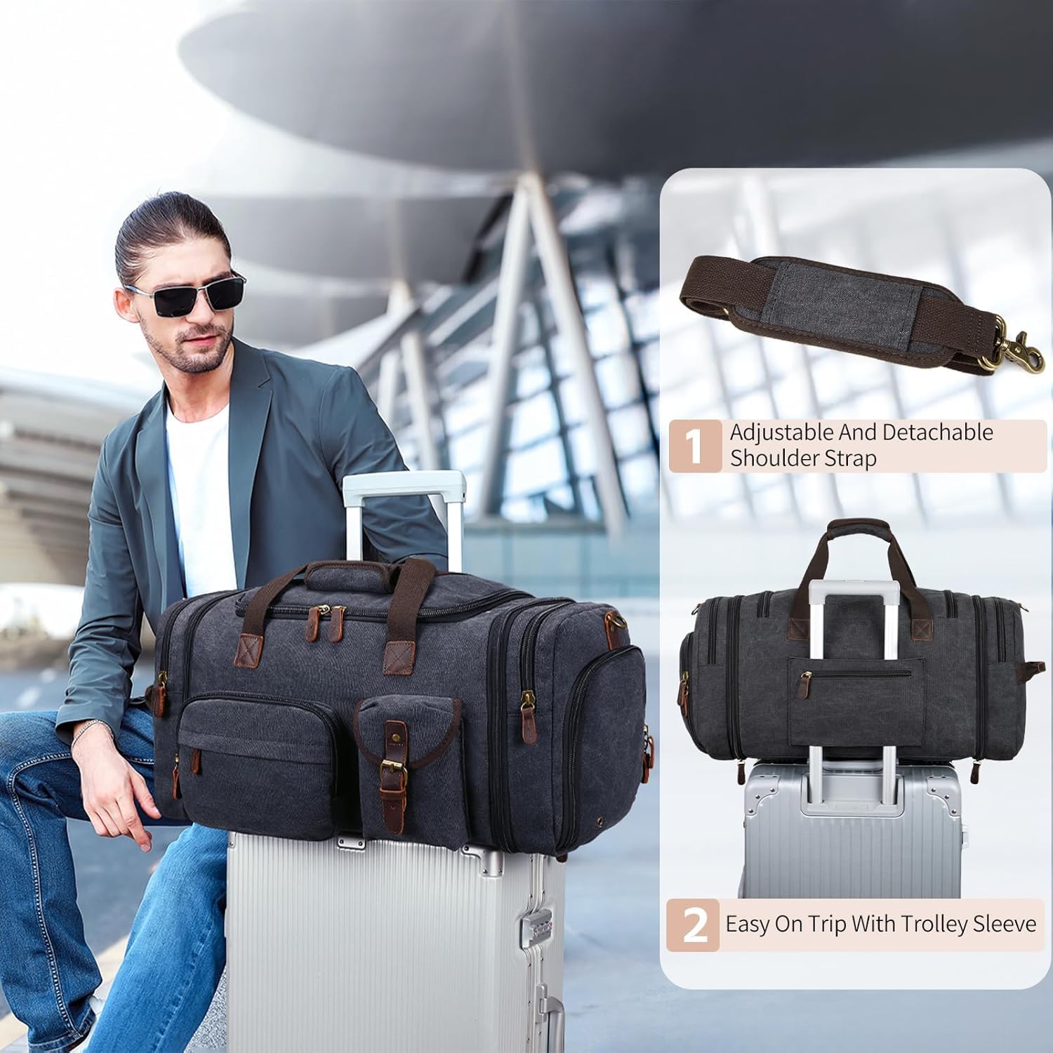 60L Expandable Canvas Travel Duffle Bag – Dark Gray