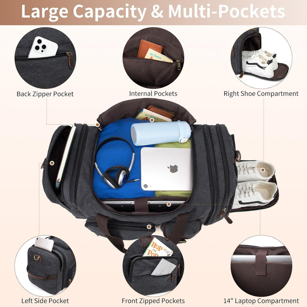 60L Expandable Canvas Travel Duffle Bag – Dark Gray