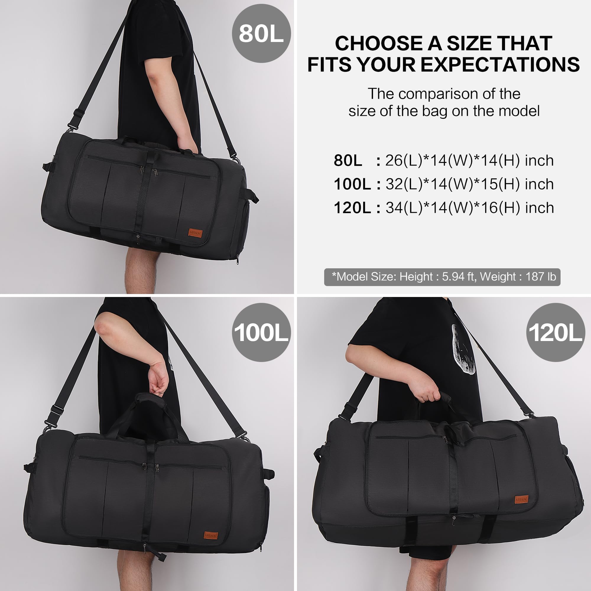120L Foldable Travel Duffle Bag with Shoe Compartment