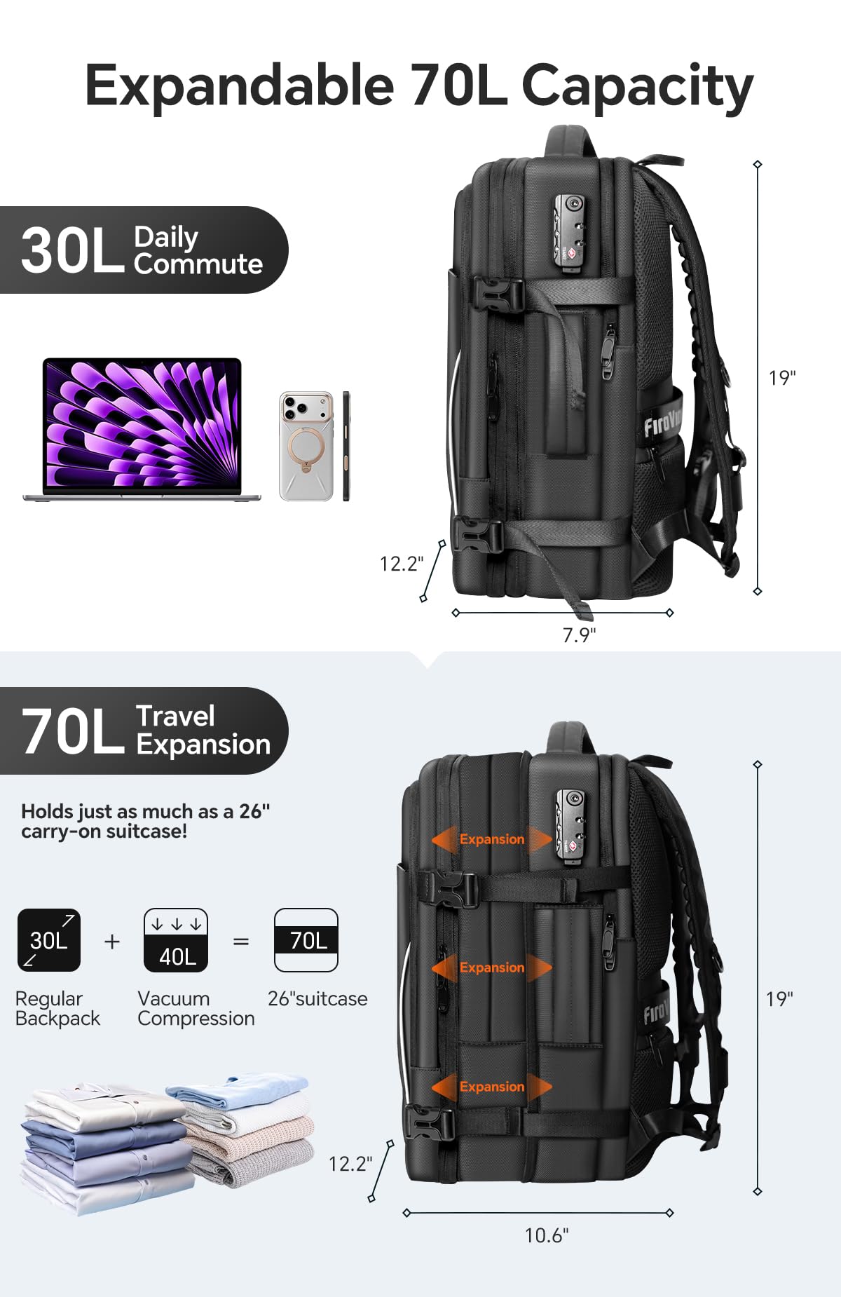 70L Expandable Vacuum Travel Backpack with TSA Lock