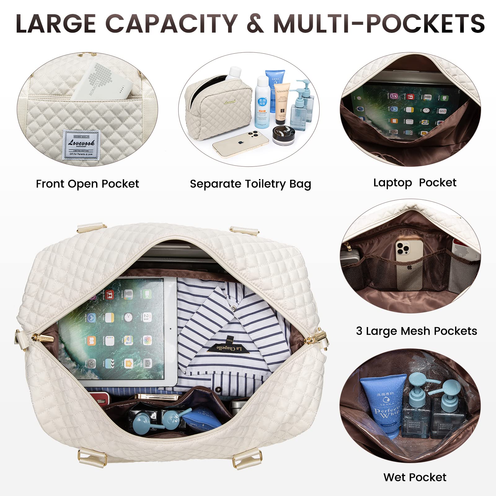 Weekender Travel Duffle Bag with Shoe Compartment – Beige