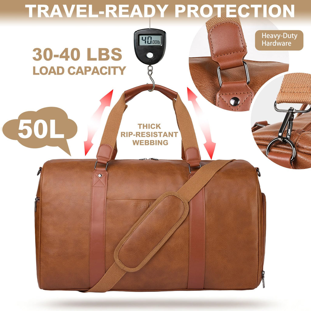 3-in-1 Leather Travel Duffle Bag with Shoe Compartment