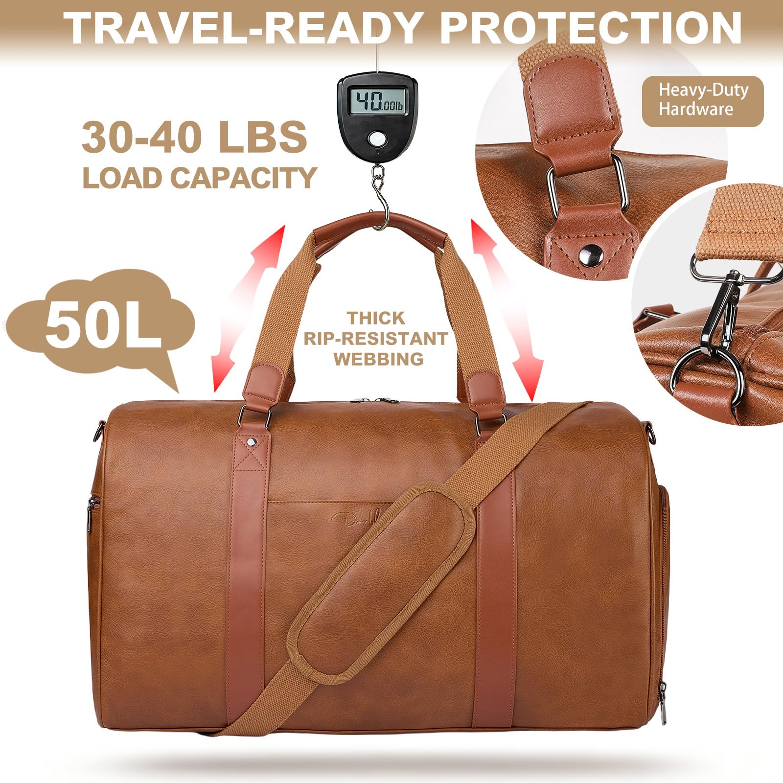 3-in-1 Leather Travel Duffle Bag with Shoe Compartment