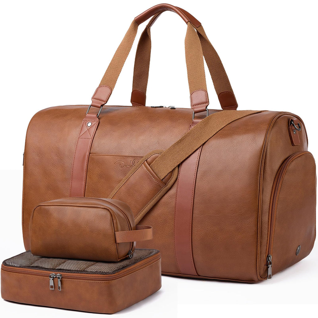 3-in-1 Leather Travel Duffle Bag with Shoe Compartment