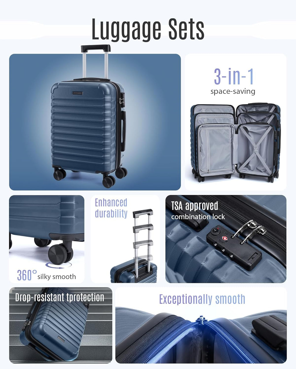 LIGHT FLIGHT Luggage Sets, 3 Piece Durable Suitcase Set with Spinner Wheels, 3 Pcs Hard Shell Lightweight Luggage with TSA Lock, Large Checked Travel Suitcases, 20/24/28 Inch, Royal Blue