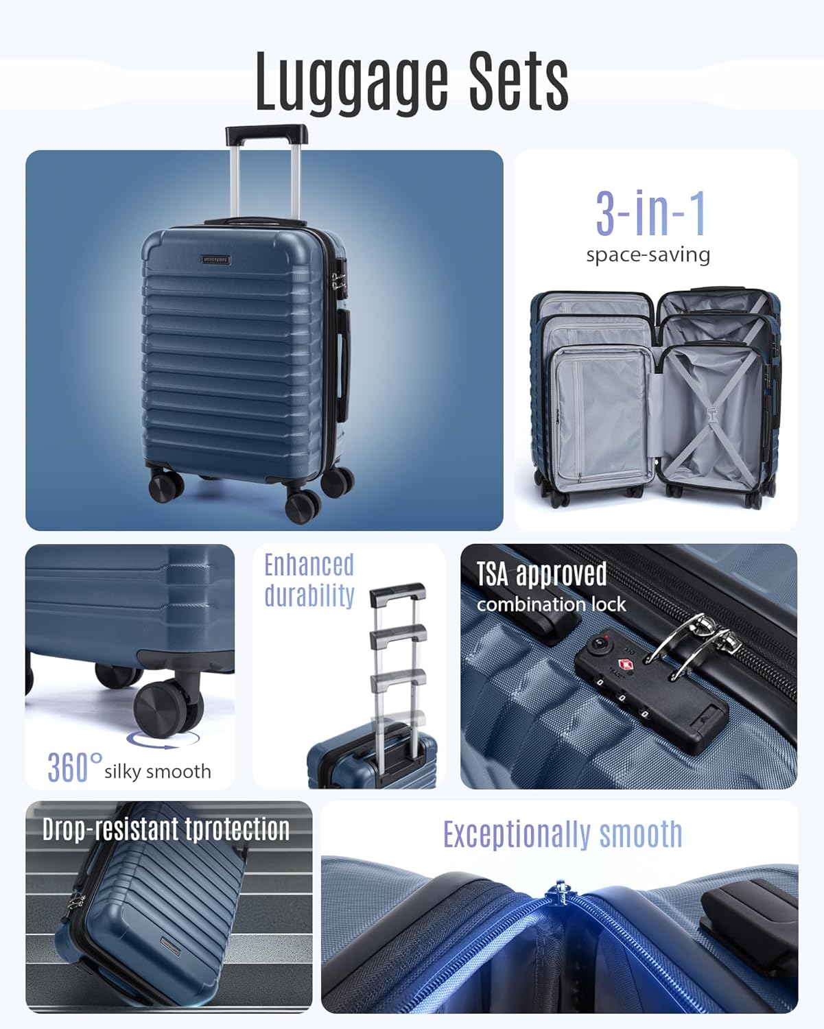 LIGHT FLIGHT Luggage Sets, 3 Piece Durable Suitcase Set with Spinner Wheels, 3 Pcs Hard Shell Lightweight Luggage with TSA Lock, Large Checked Travel Suitcases, 20/24/28 Inch, Royal Blue
