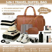 3-in-1 Leather Travel Duffle Bag with Shoe Compartment