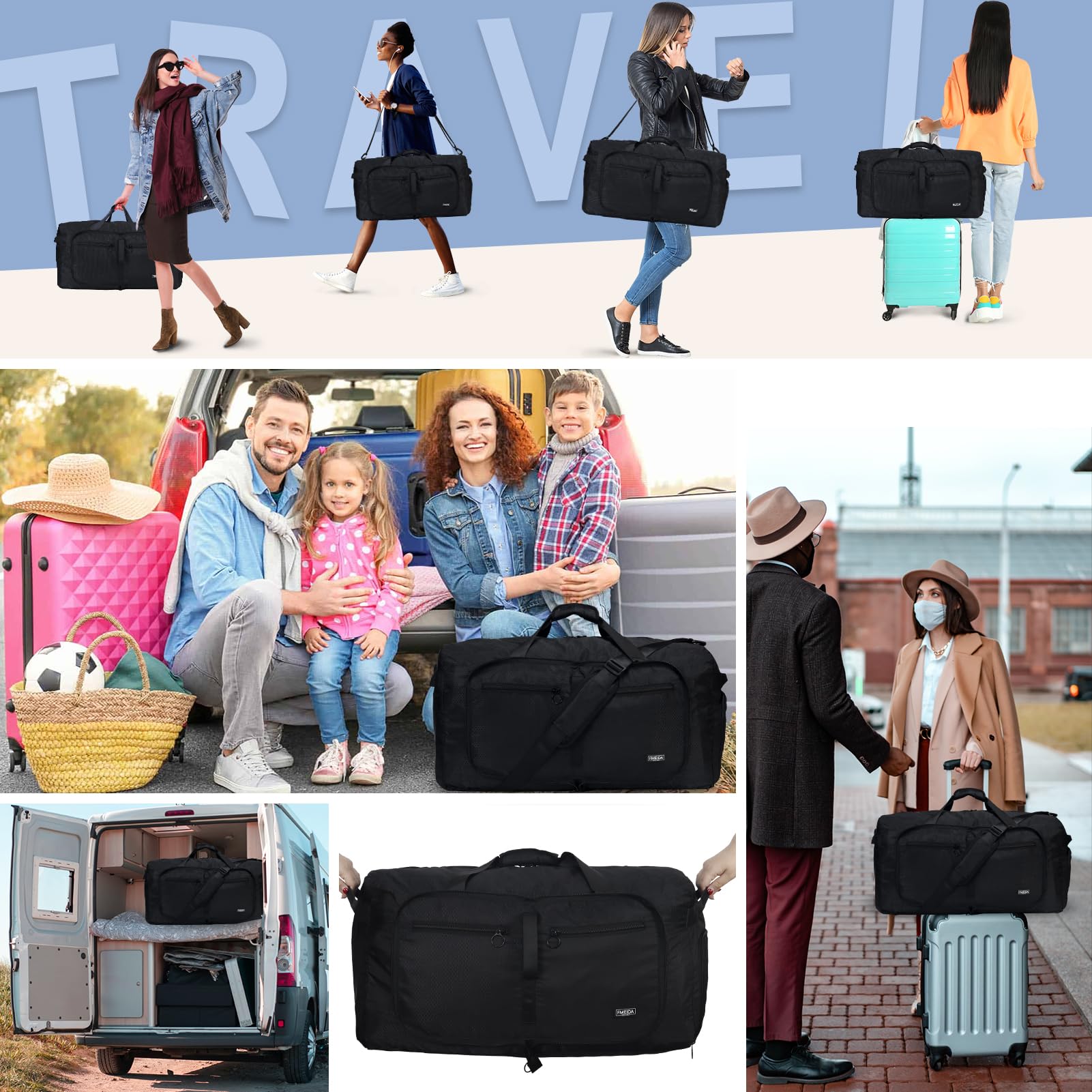 65L Foldable Travel Duffle Bag – Black
