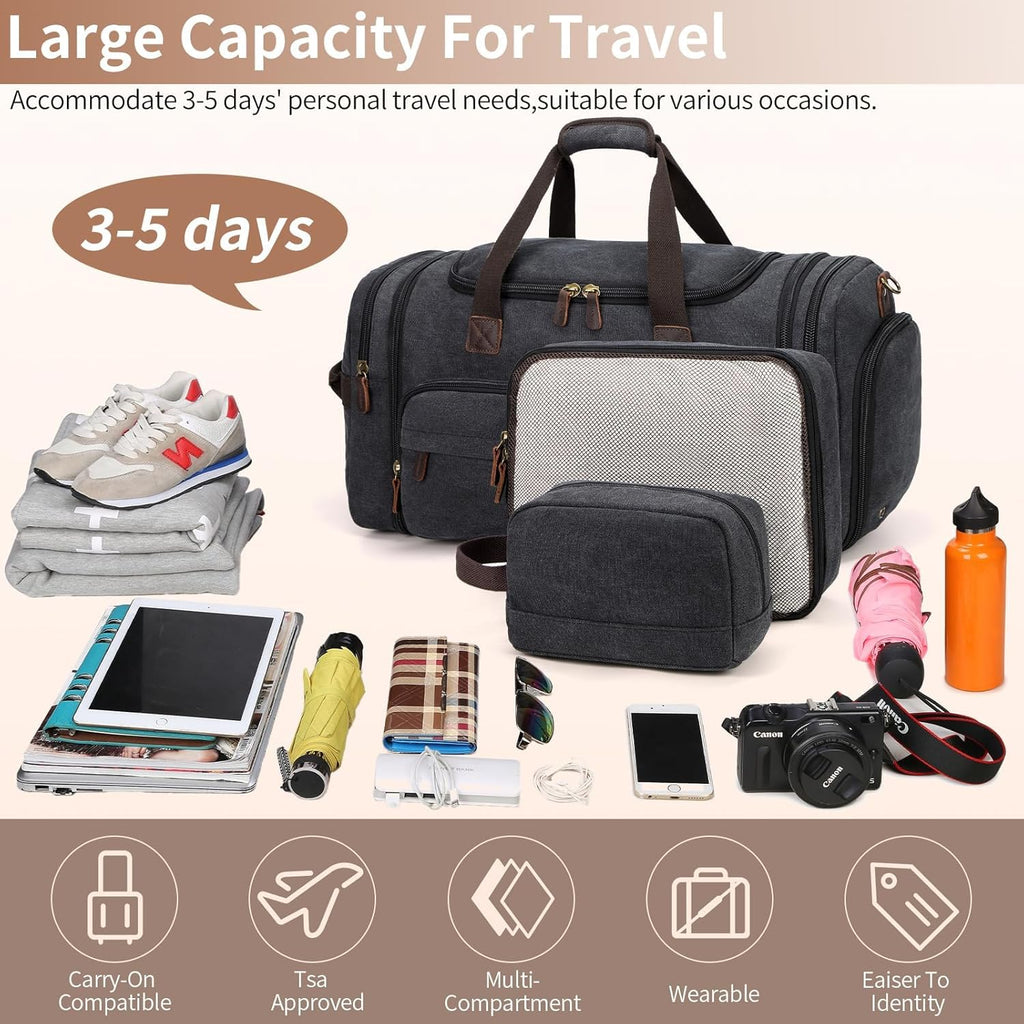 60L Expandable Canvas Travel Duffle Bag – Dark Gray