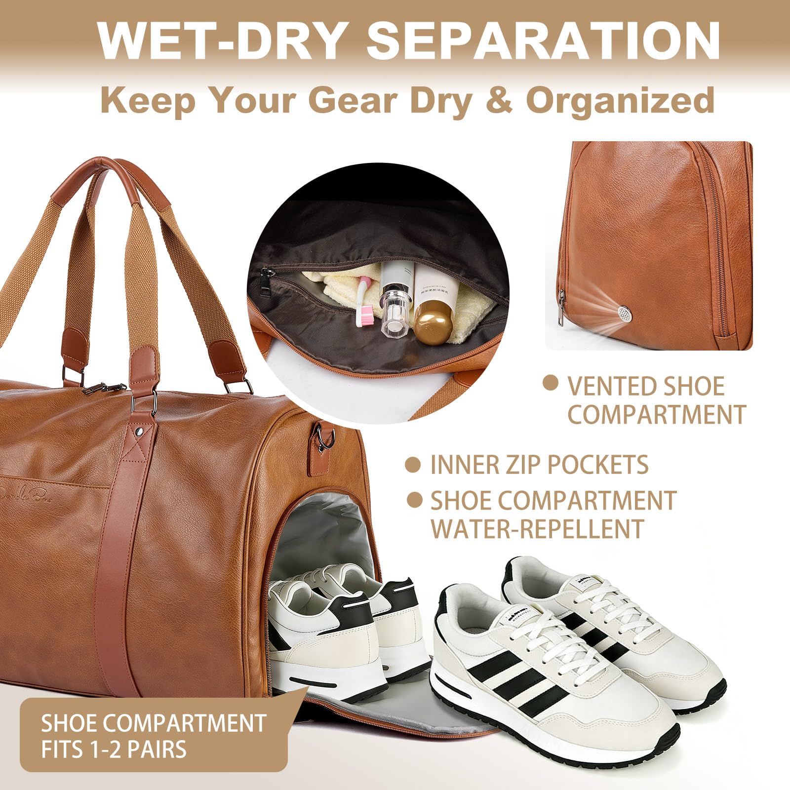 3-in-1 Leather Travel Duffle Bag with Shoe Compartment