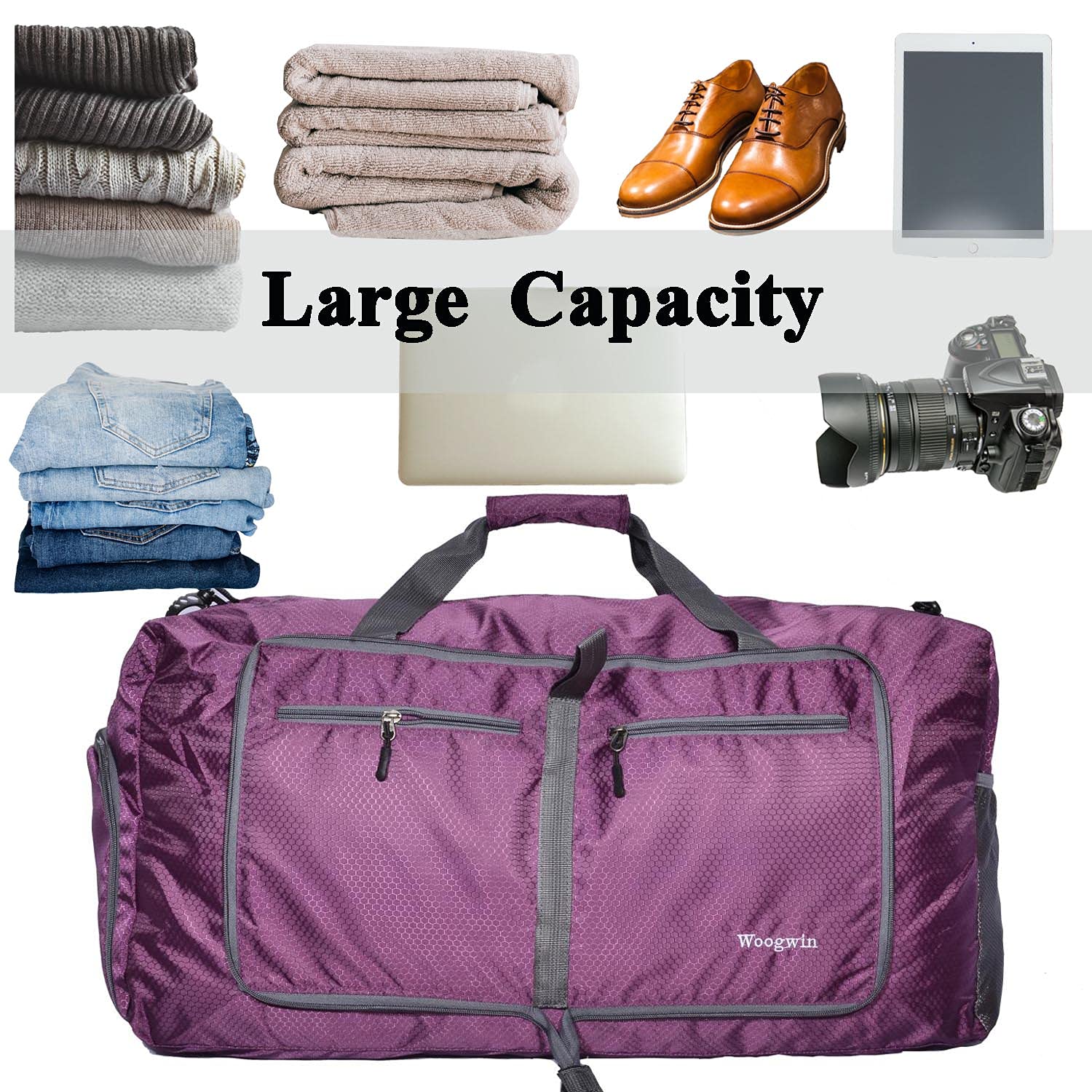 60L Foldable Waterproof Travel Duffle Bag – Purple