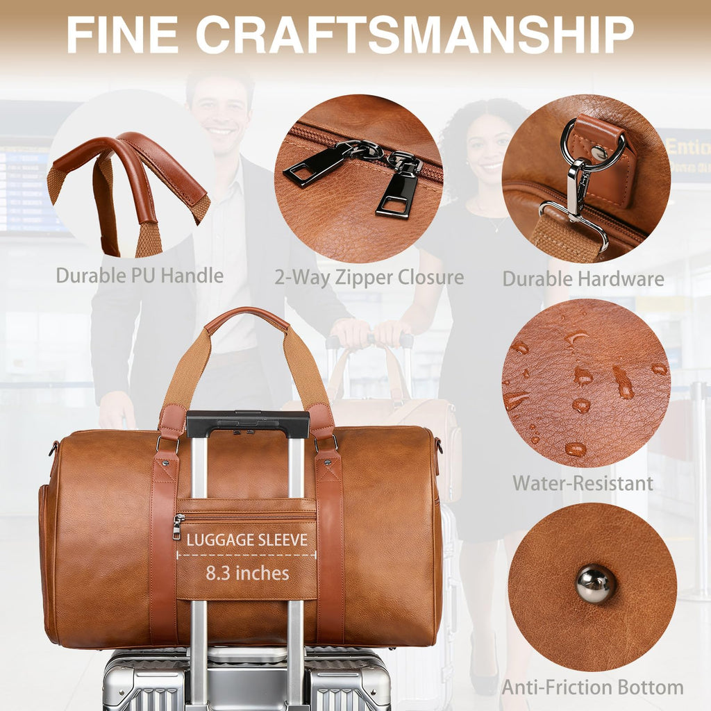 3-in-1 Leather Travel Duffle Bag with Shoe Compartment