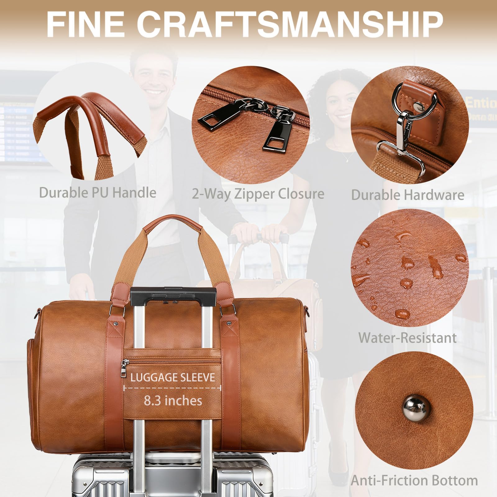 3-in-1 Leather Travel Duffle Bag with Shoe Compartment