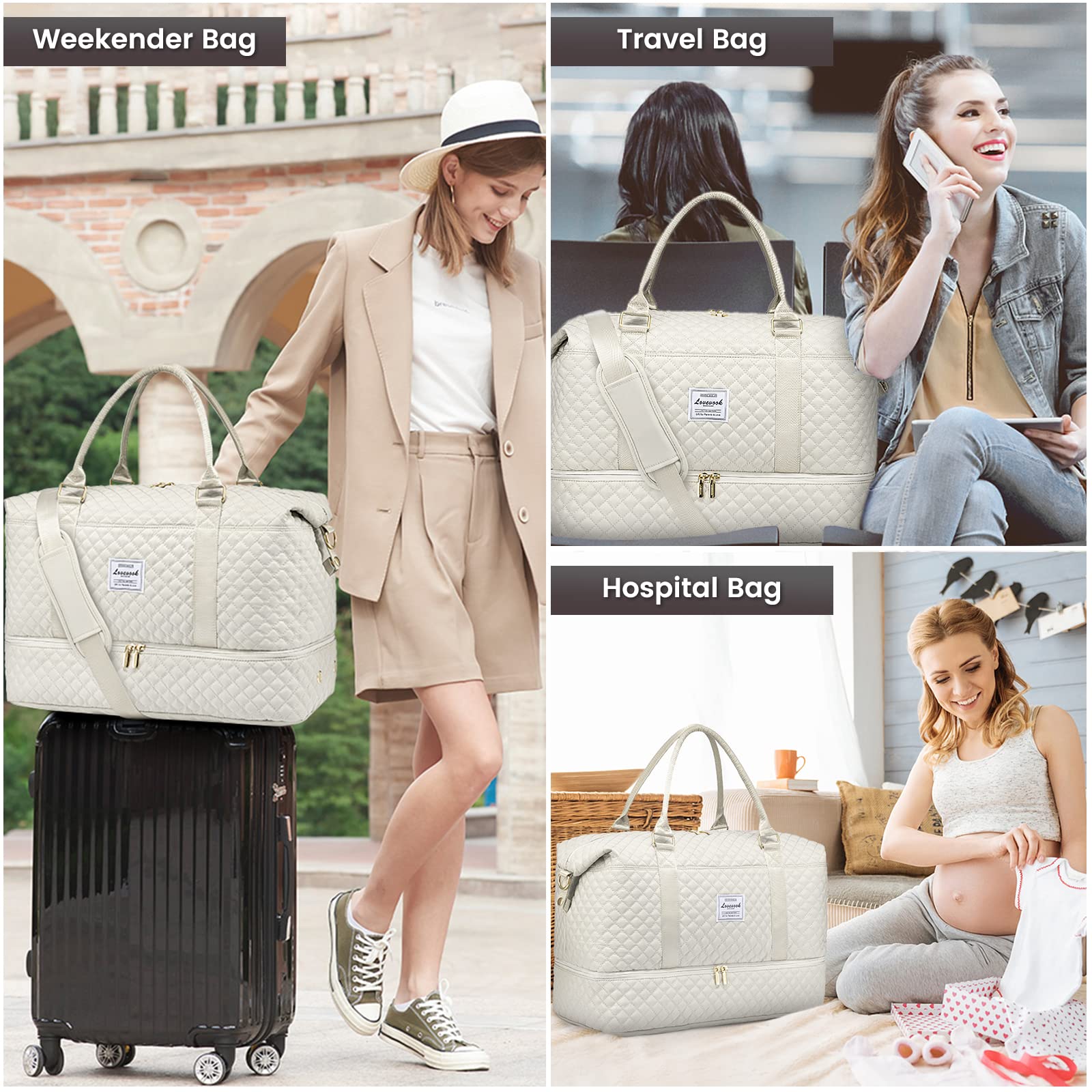 Weekender Travel Duffle Bag with Shoe Compartment – Beige