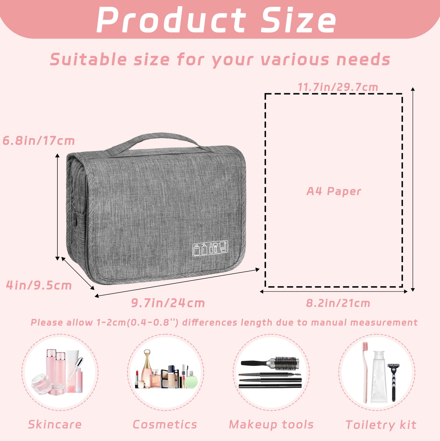 Hanging Travel Toiletry Bag – Grey