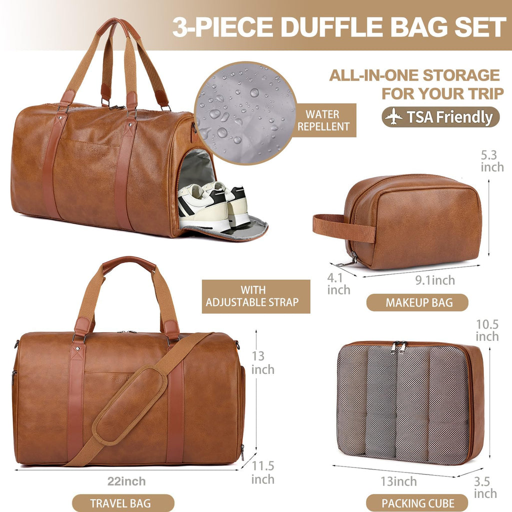 3-in-1 Leather Travel Duffle Bag with Shoe Compartment