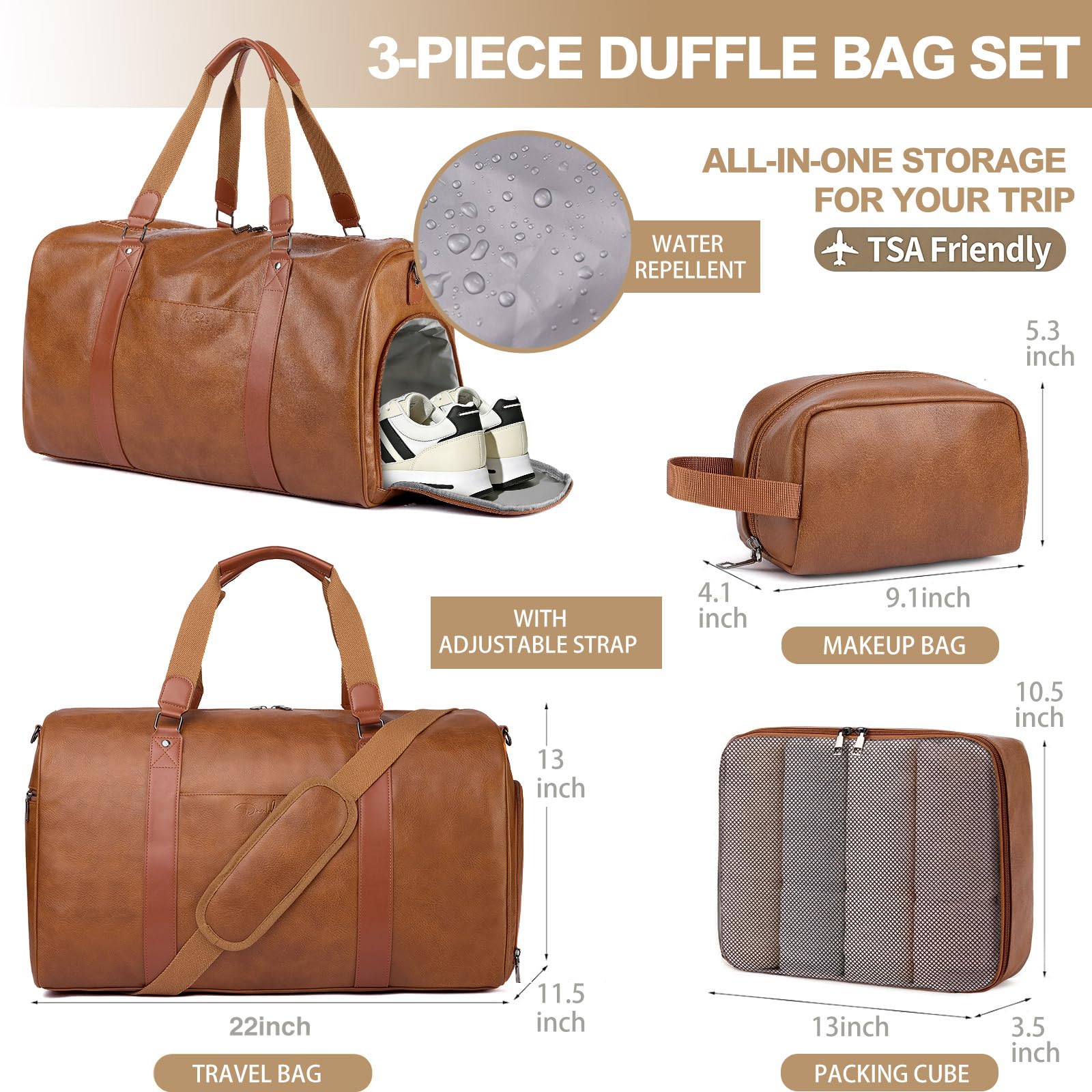 3-in-1 Leather Travel Duffle Bag with Shoe Compartment