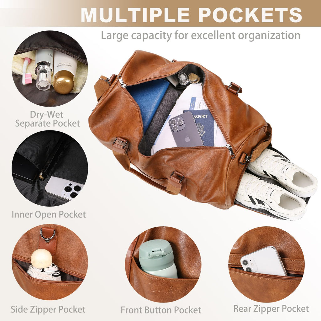 3-in-1 Leather Travel Duffle Bag with Shoe Compartment