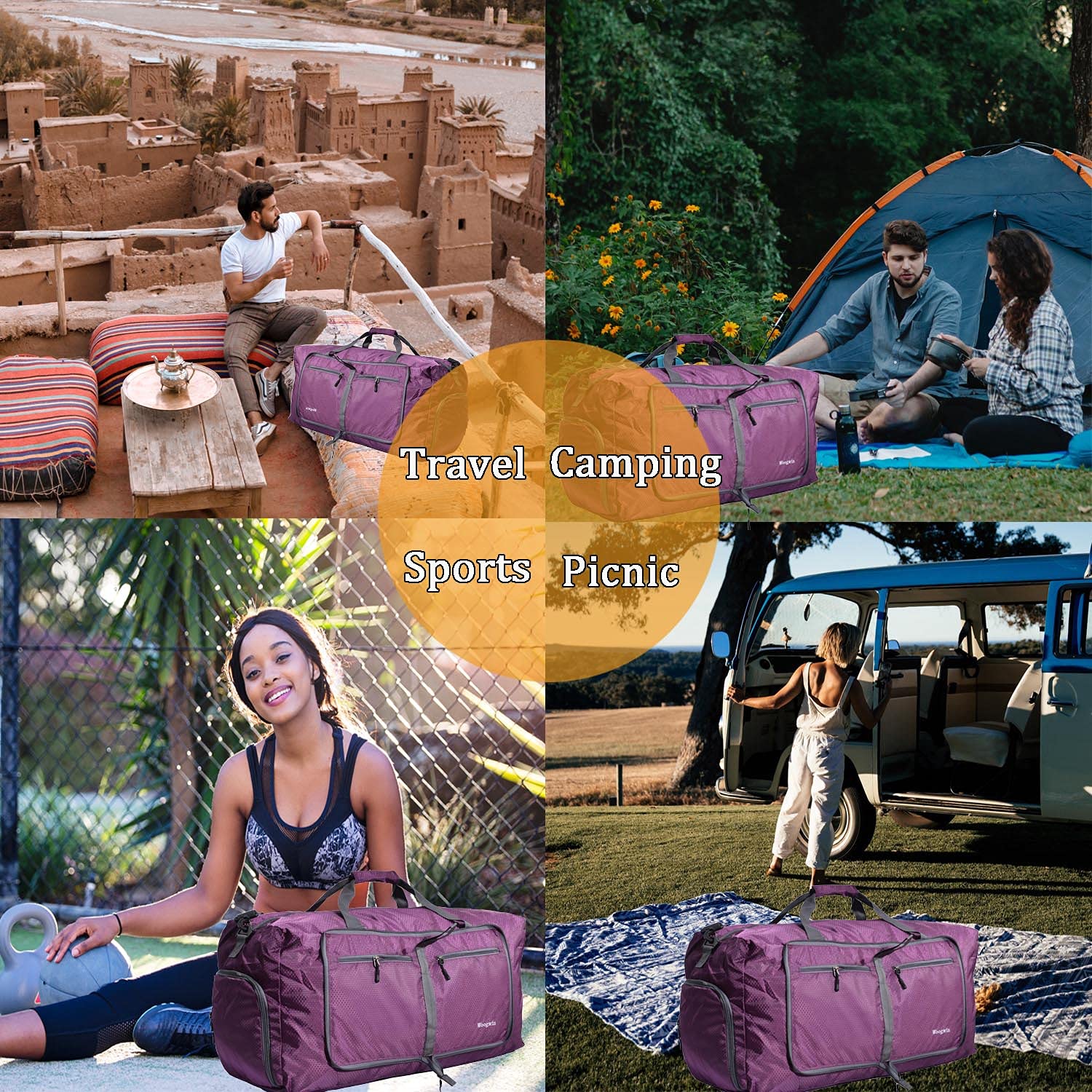 60L Foldable Waterproof Travel Duffle Bag – Purple