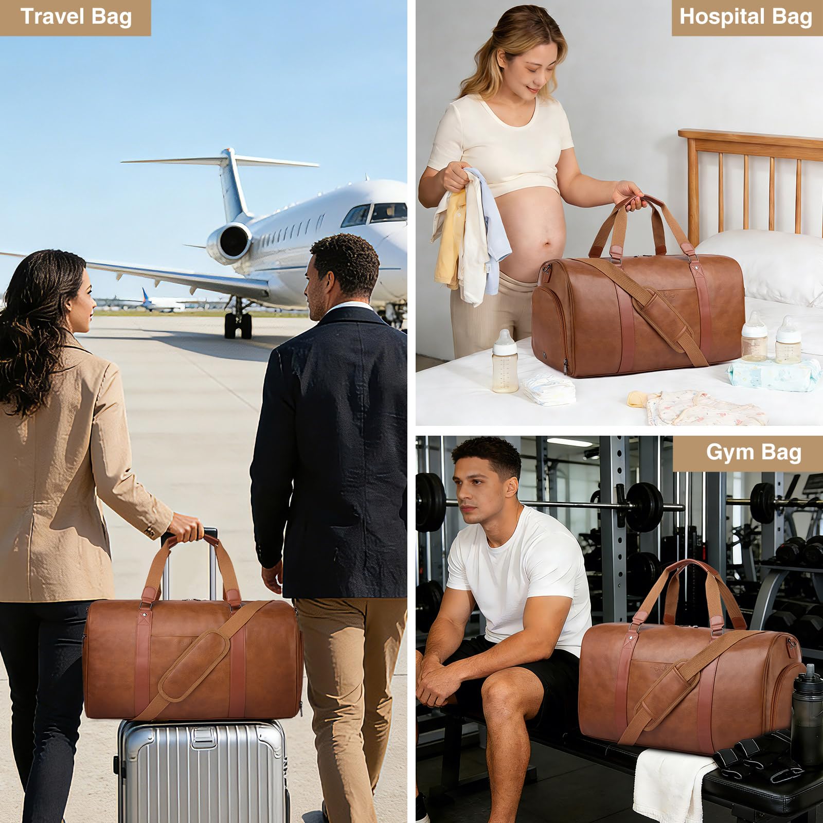 3-in-1 Leather Travel Duffle Bag with Shoe Compartment