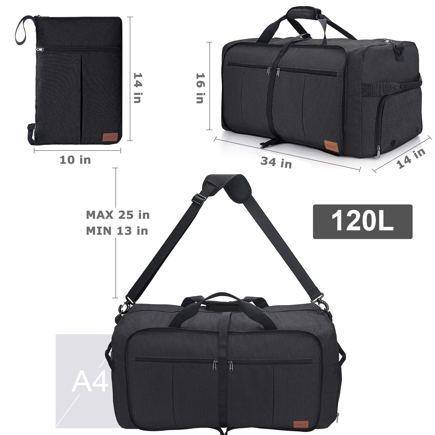 120L Foldable Travel Duffle Bag with Shoe Compartment